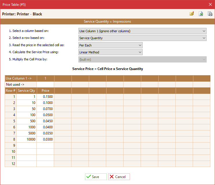 B/W Price Table example