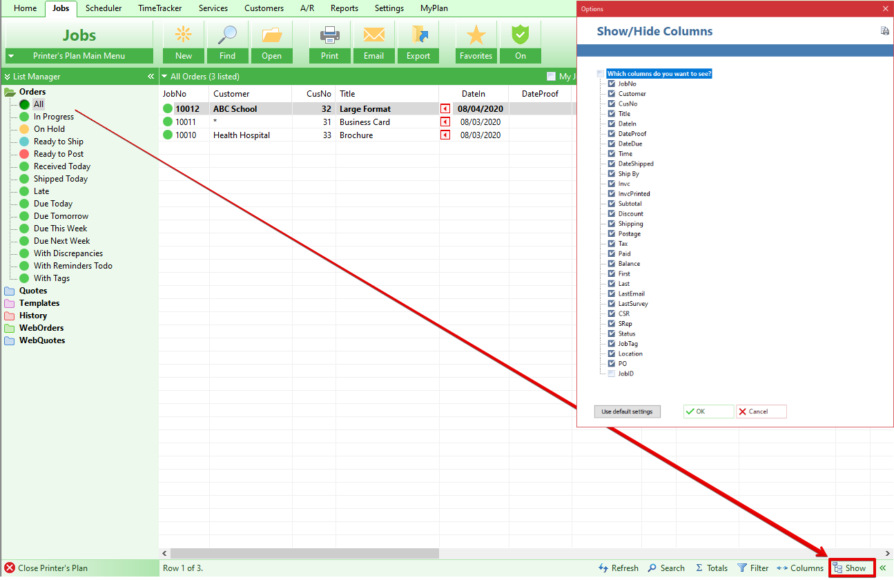 Show/Hide Columns dialog