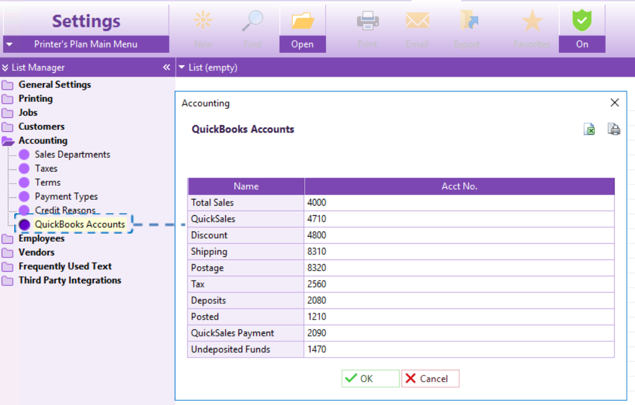 QuickBooks Accounts table