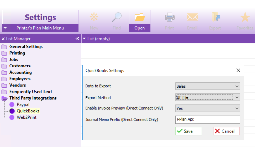 QuickBooks Settings window