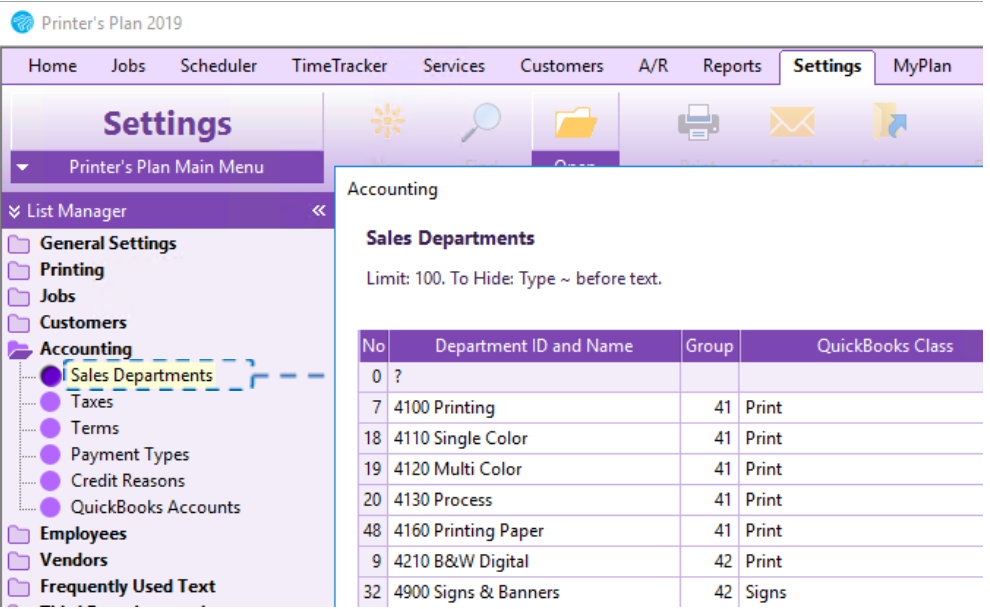Sales Departments table