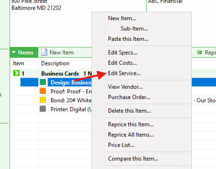 Edit Service context menu
