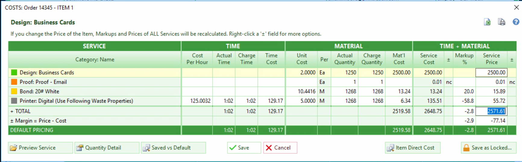 Edit Costs window