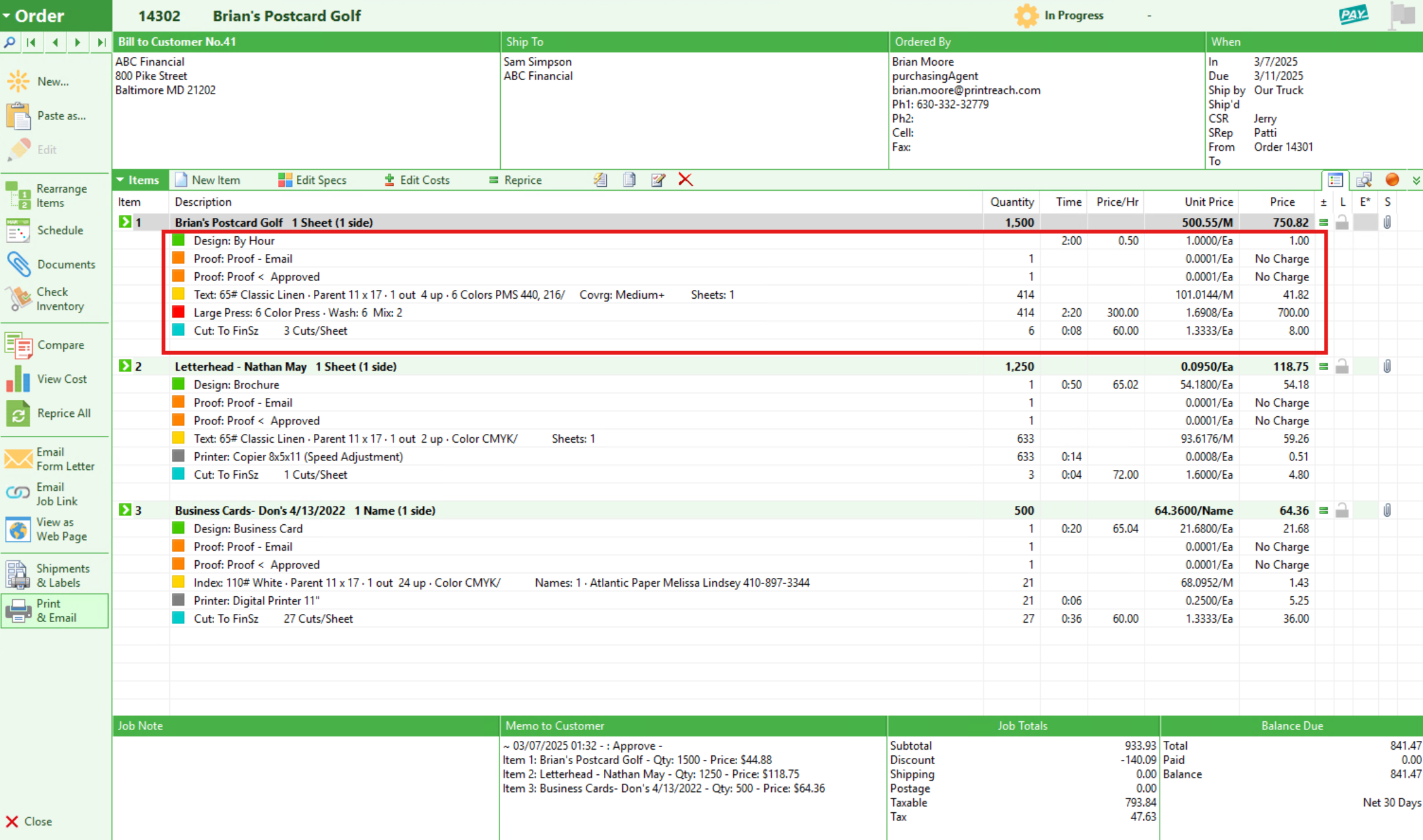Job service summary example