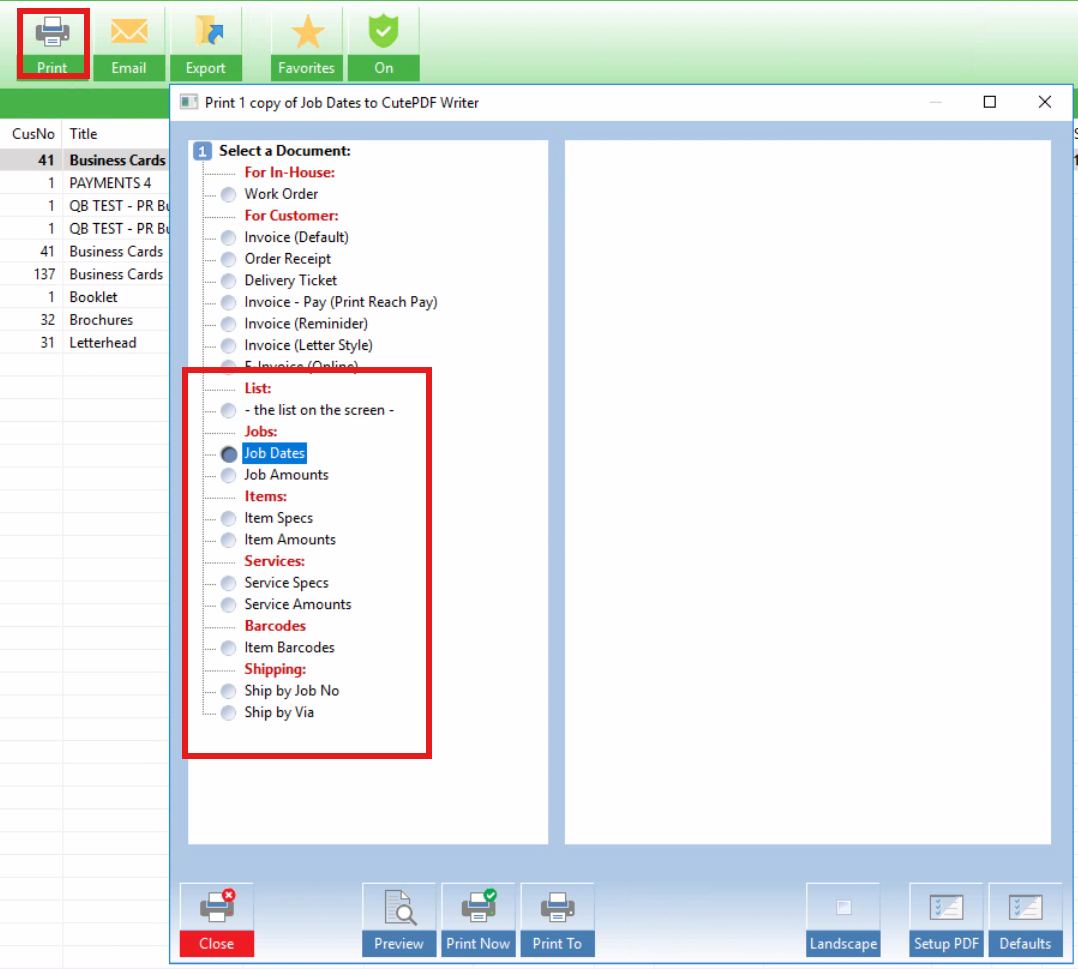 Jobs tab print window