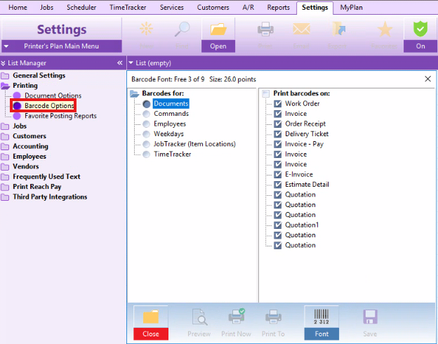 Barcode options in Settings tab