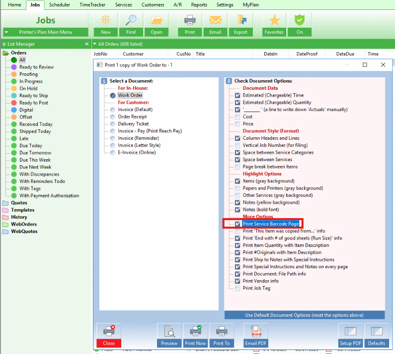 Print & Email window with Service Barcode