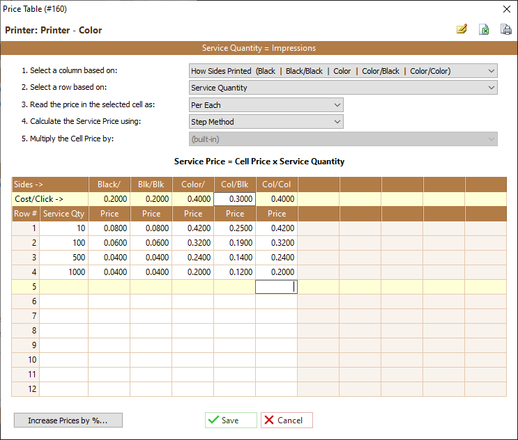 Colour Price Table example